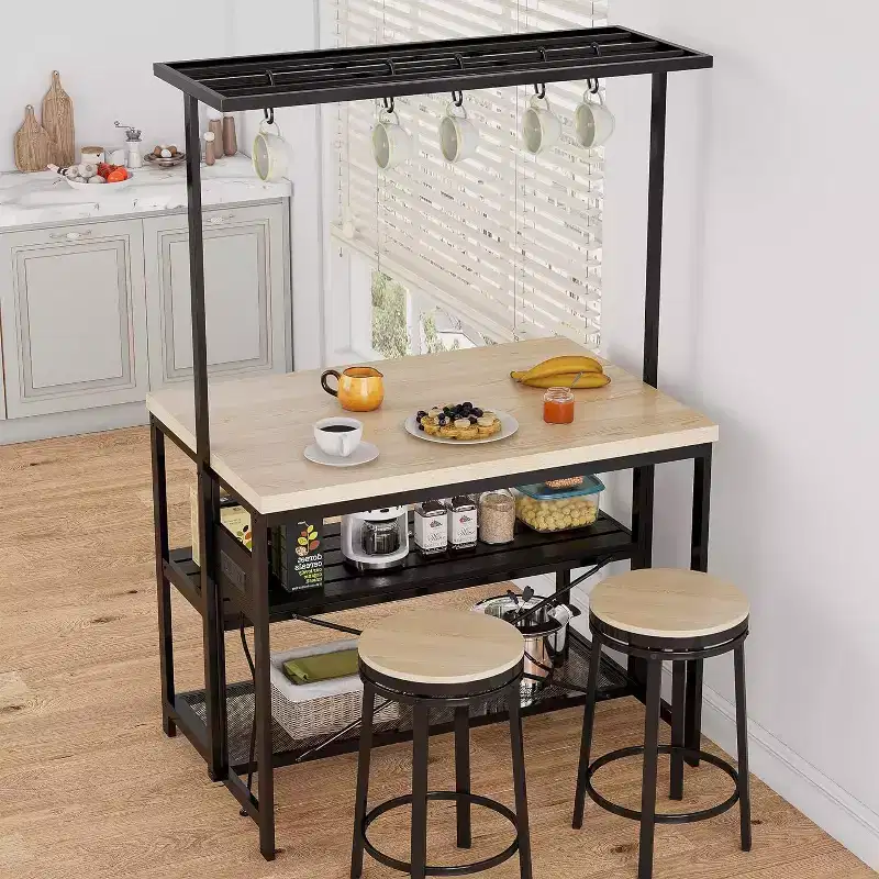 Black Metal Kitchen Island Table with 3-Tier Shelves & Hooks, Seats 4