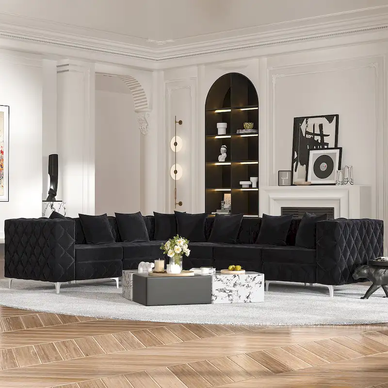 Large L-Shaped Modular Sofa, 6-Seat Velvet Sectional Couch
