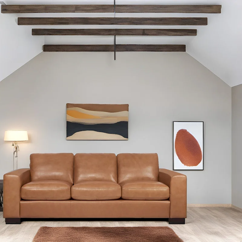 Genuine Leather Square Arm Sofa, Tan, Goose Feather Cushions, Block Legs, Seats 3