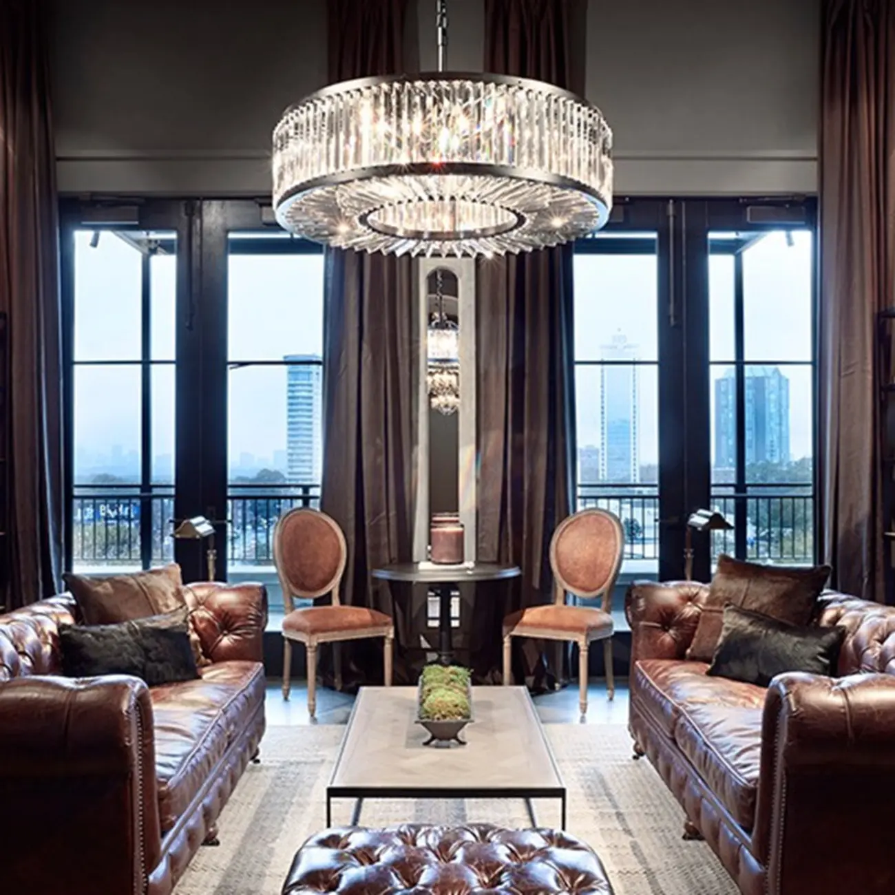 Modern Black Metal Crystal Drum Chandelier