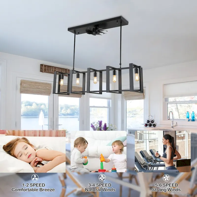 48  Modern Reversible Ceiling Fan 3-Speed with Remote, Kitchen Island Chandelier with 5-Light - 48 Inches
