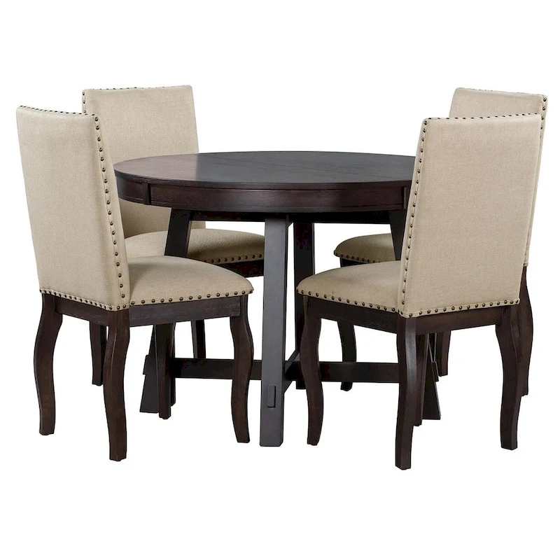 Wooden Round Drop Leaf Extendable Dining Table Set with 4 Upholstered Chairs