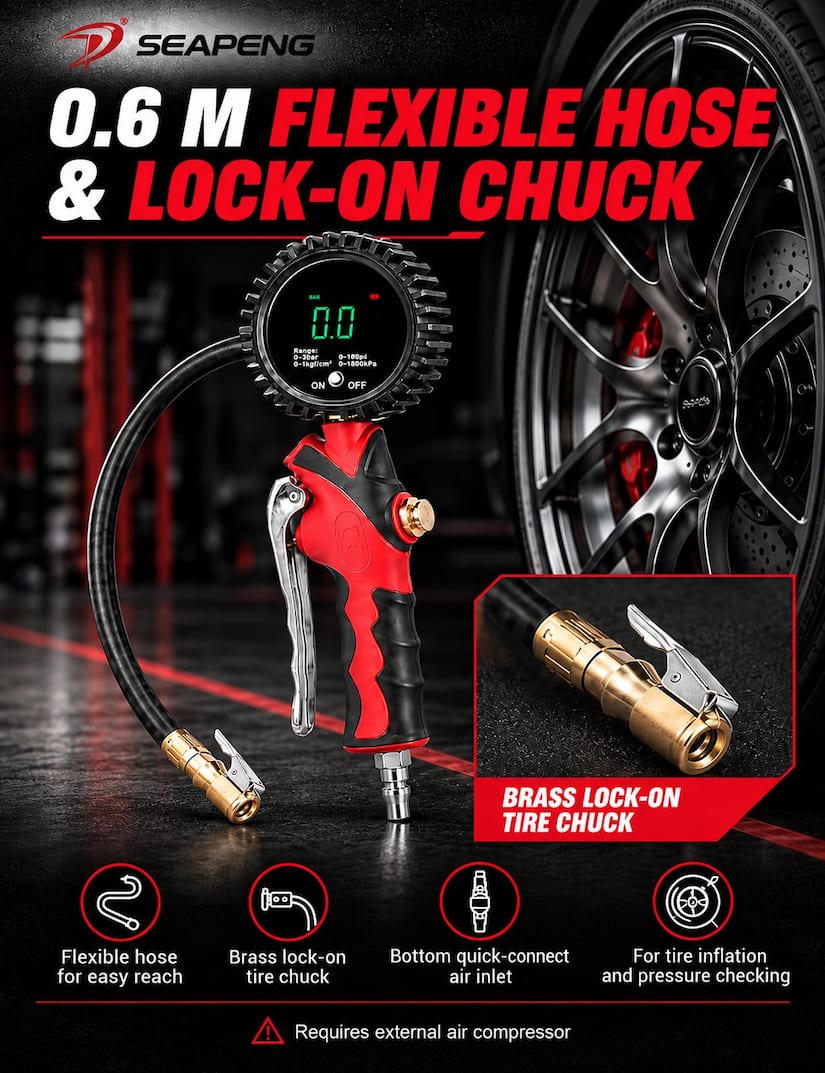 TB-802 tire inflator designed for cars, motorcycles, and commercial vehicles.