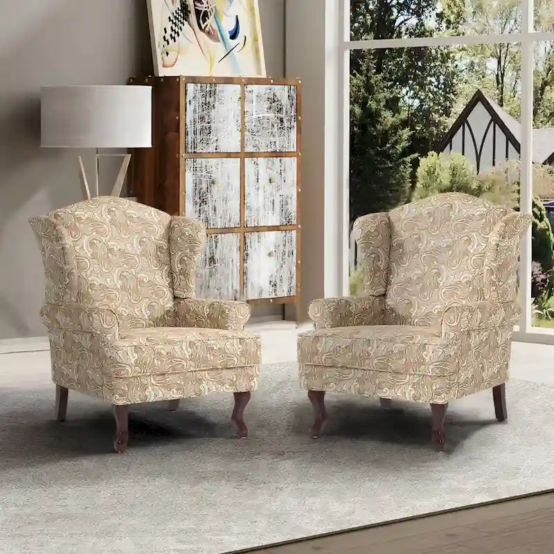 2 Set Traditional Wingback Accent Chairs Upholstered Armchair