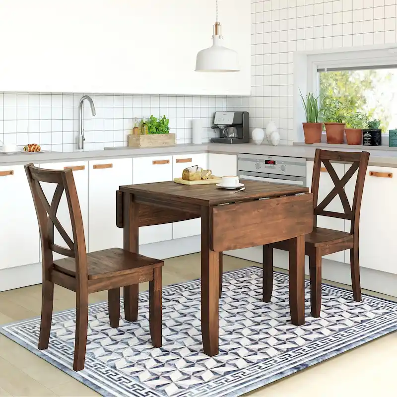 3-Piece Wooden Breakfast Nook Dining Table Set with Drop Leaf Table