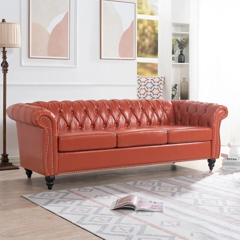 84.65 PU Rolled Arm Chesterfield 3 Seater Sofa