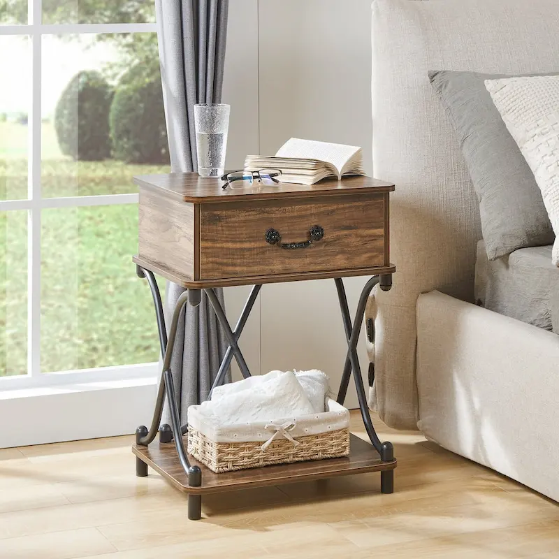 Nightstand with 1 Drawer and Open Shelf, X-Frame Metal Legs