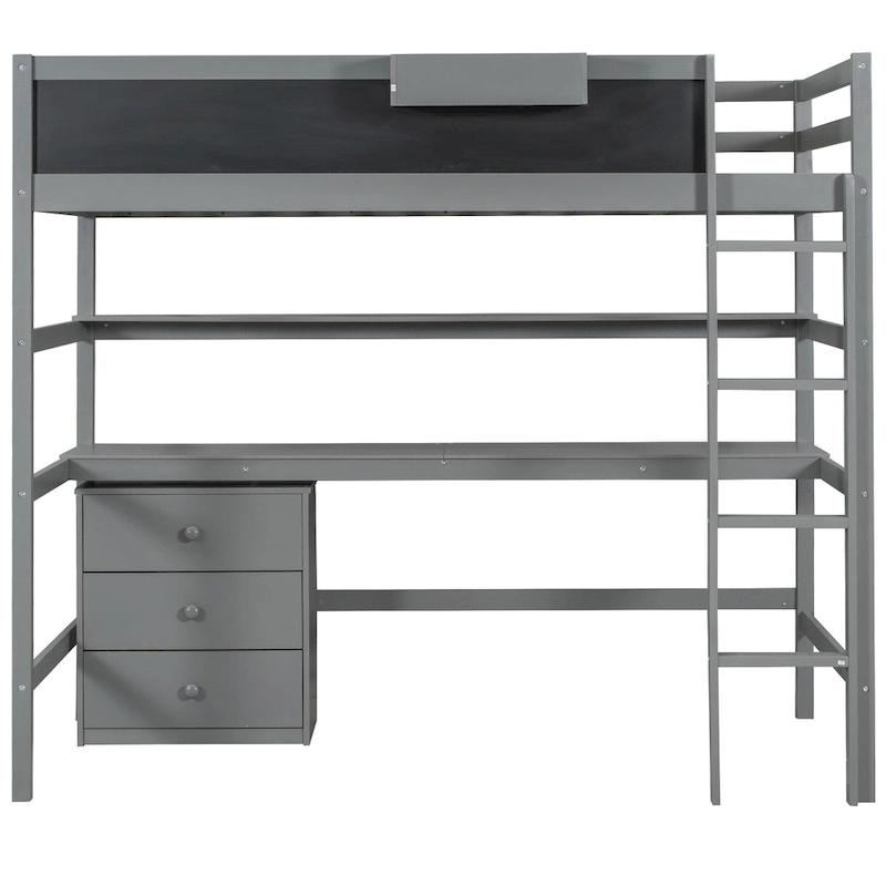 Gray Twin Size Solid Wood Loft Bed with Desk, Blackboard, and Storage