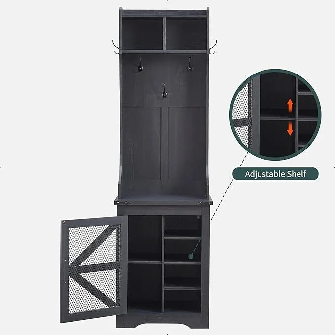 23 Wide Farmhouse Entryway Bench with Coat Rack, Hall Tree Cabinet