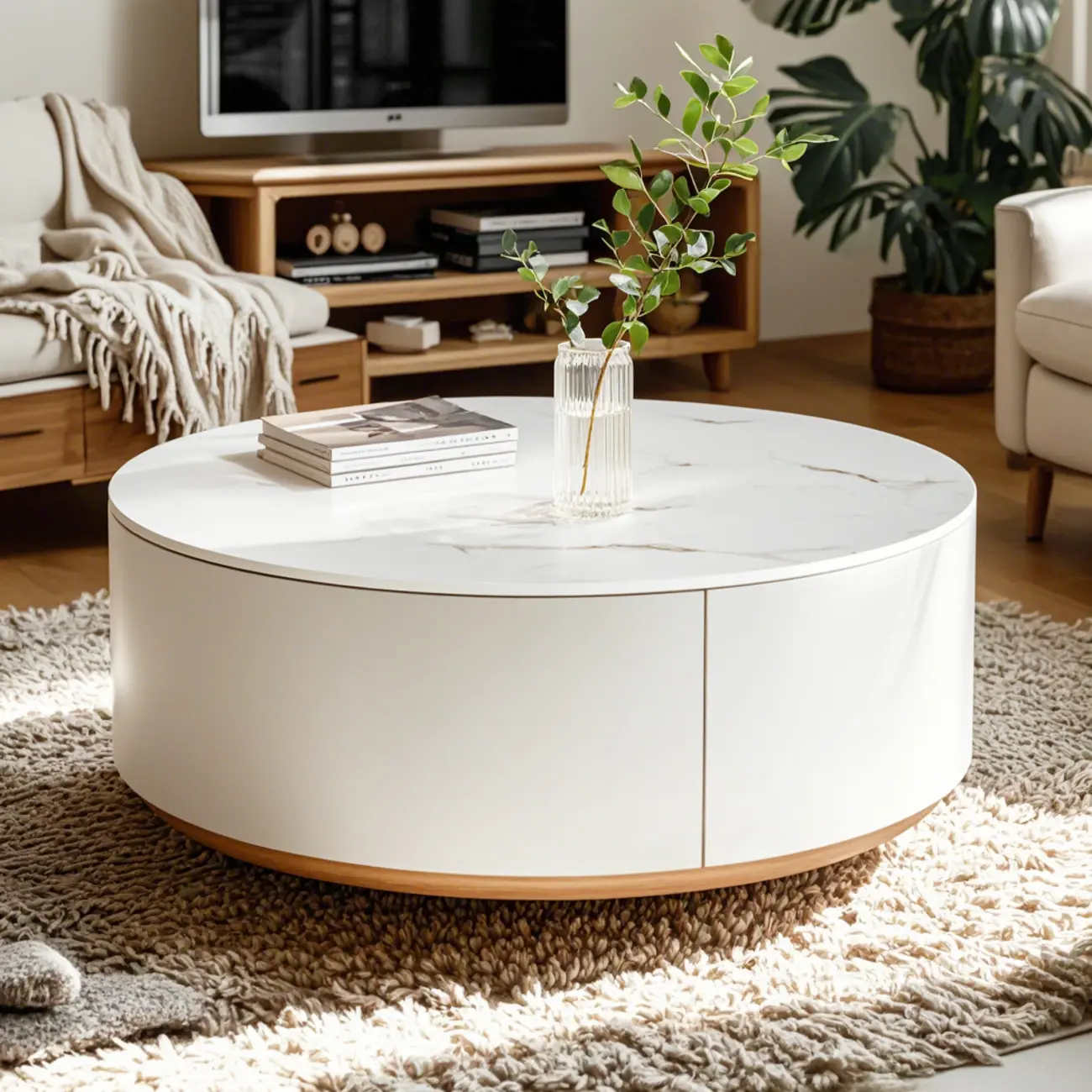 White Modern Round Drum Wood Drawer Coffee Table