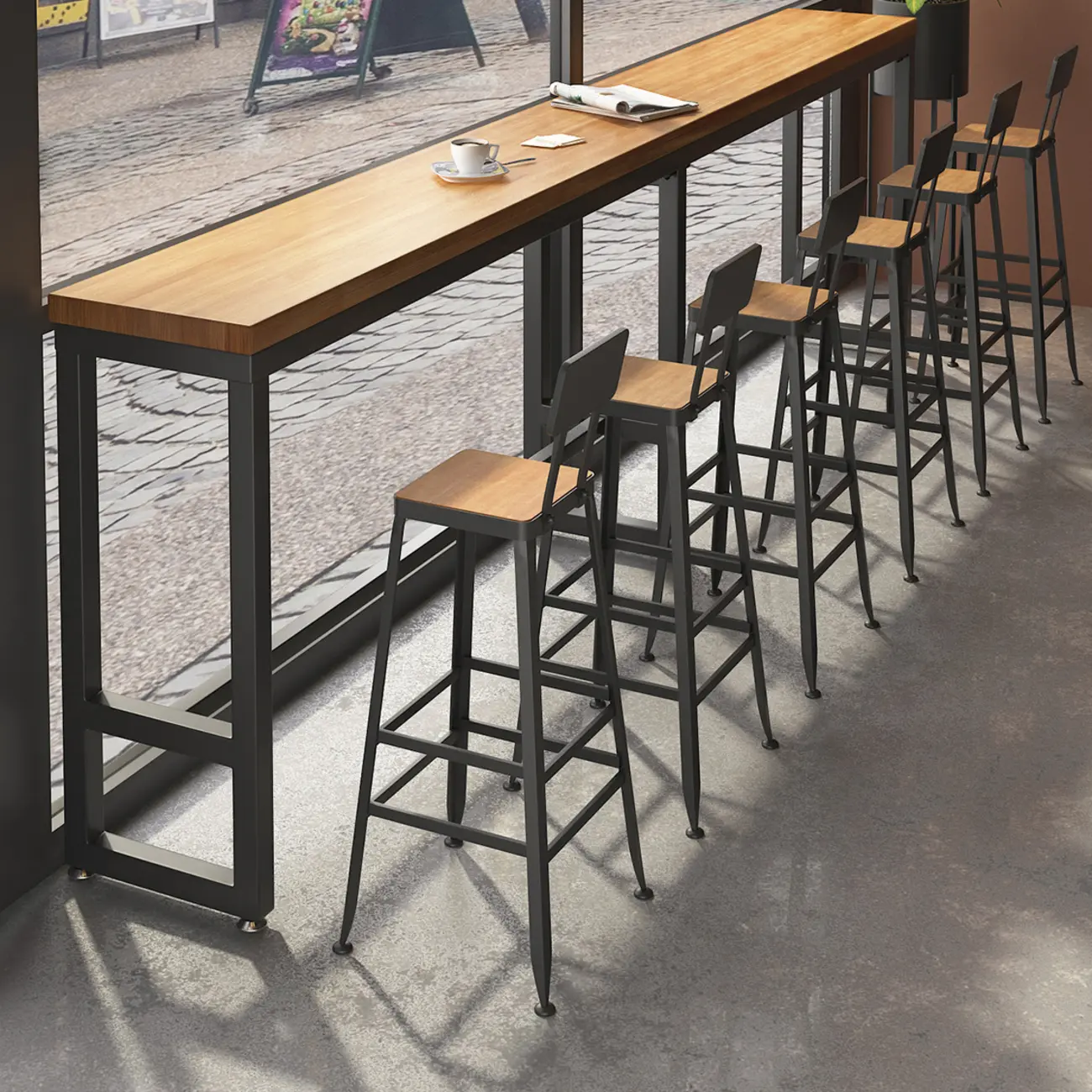 Industrial Solid Wood Bar Set with Metal Legs