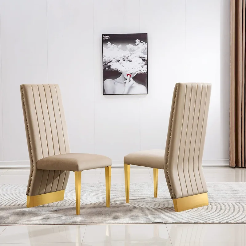 Modern Channel High Back Dining Chairs with Nailhead Trims and Polished Metal Legs