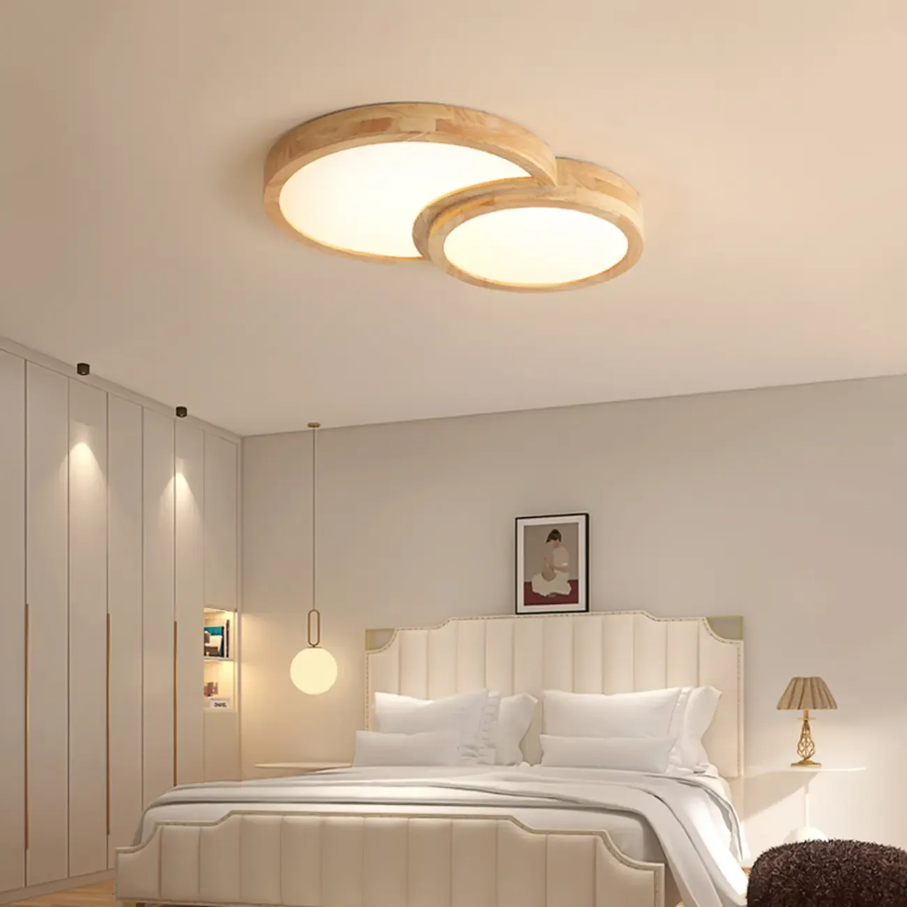 Natural Geometric Wood Dimmable Flush Mount LED Ceiling Light