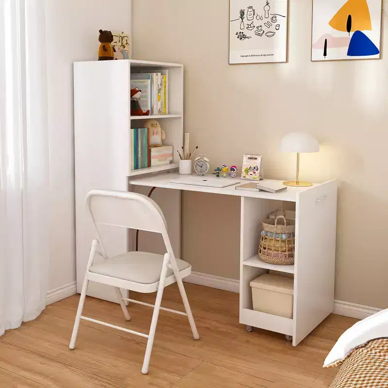 White Foldable Desk with Storage Shelves & Casters, Single-Person