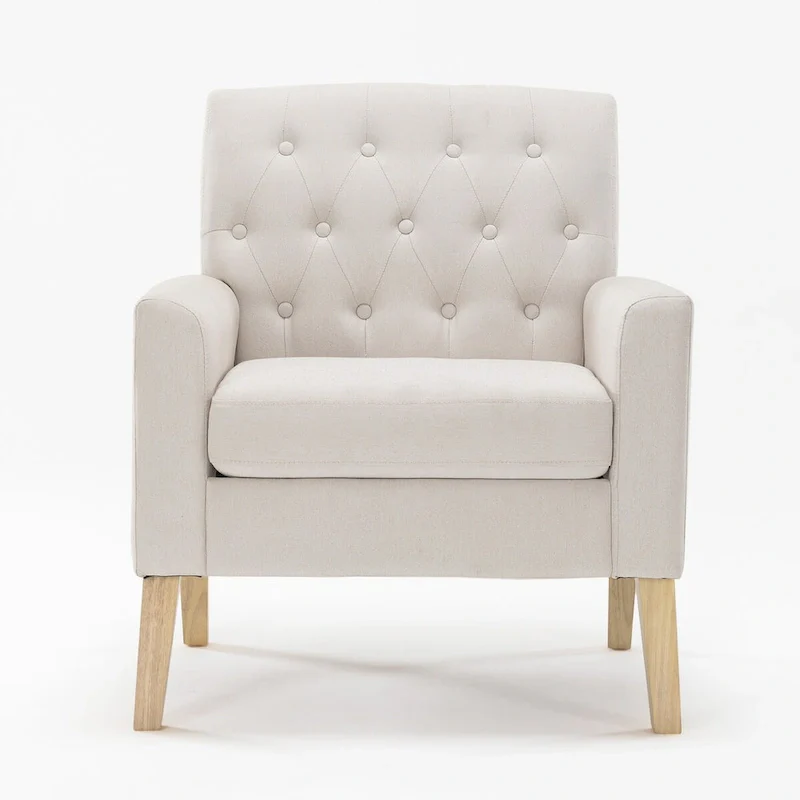 Linen and Walnut Legs Mid Century Modern Button Tufted Accent Chair - 29.53 H X 30 W X 33.07 D