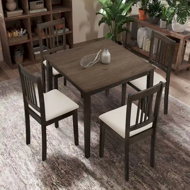 Kitchen Breakfast Nook Dining Table Chairs Set Square Wooden Dining Table Casual Dining Table with 4 Upholstered Dining Chairs