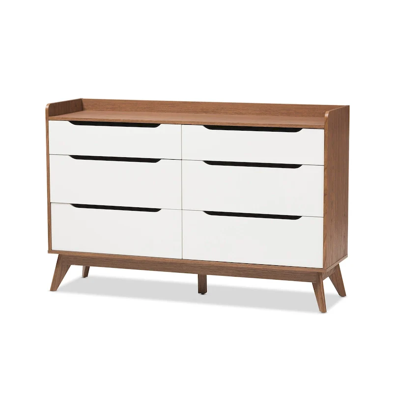 6-Drawer Mid-Century Dresser – White and Walnut Finish