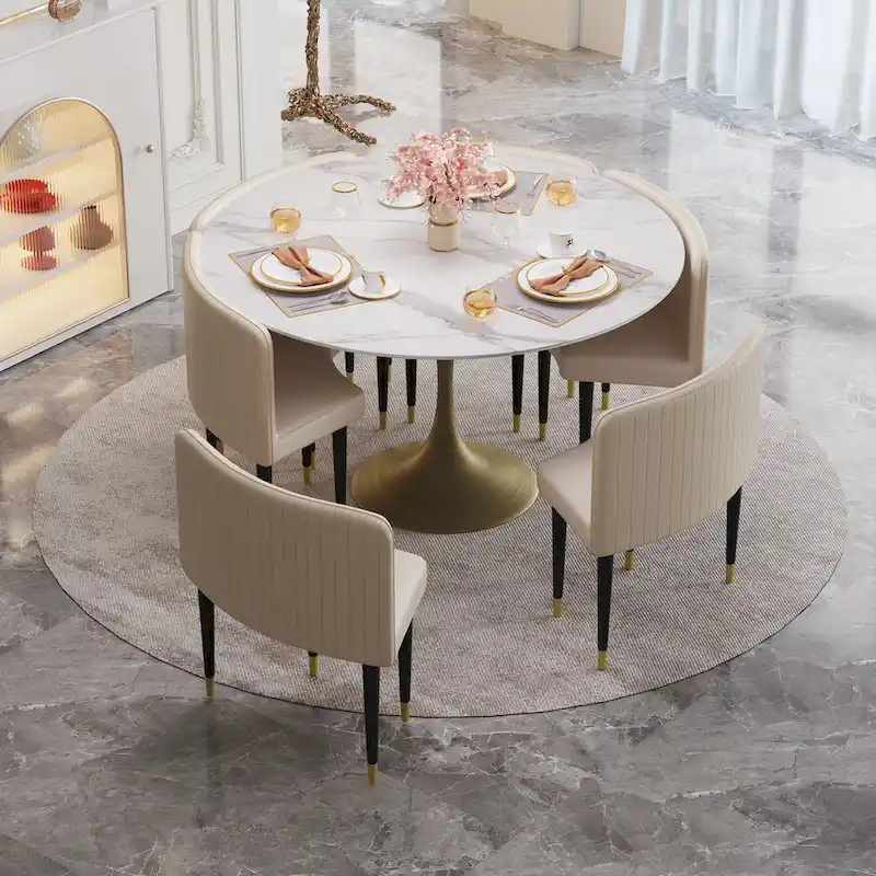 JASIWAY Modern Faux Marble Top Iron Pedestal Dining Table
