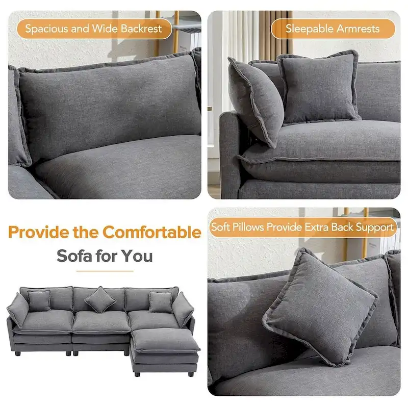 112 Modern L-Shape Chenille Upholstered Sofa with 5 Pillows