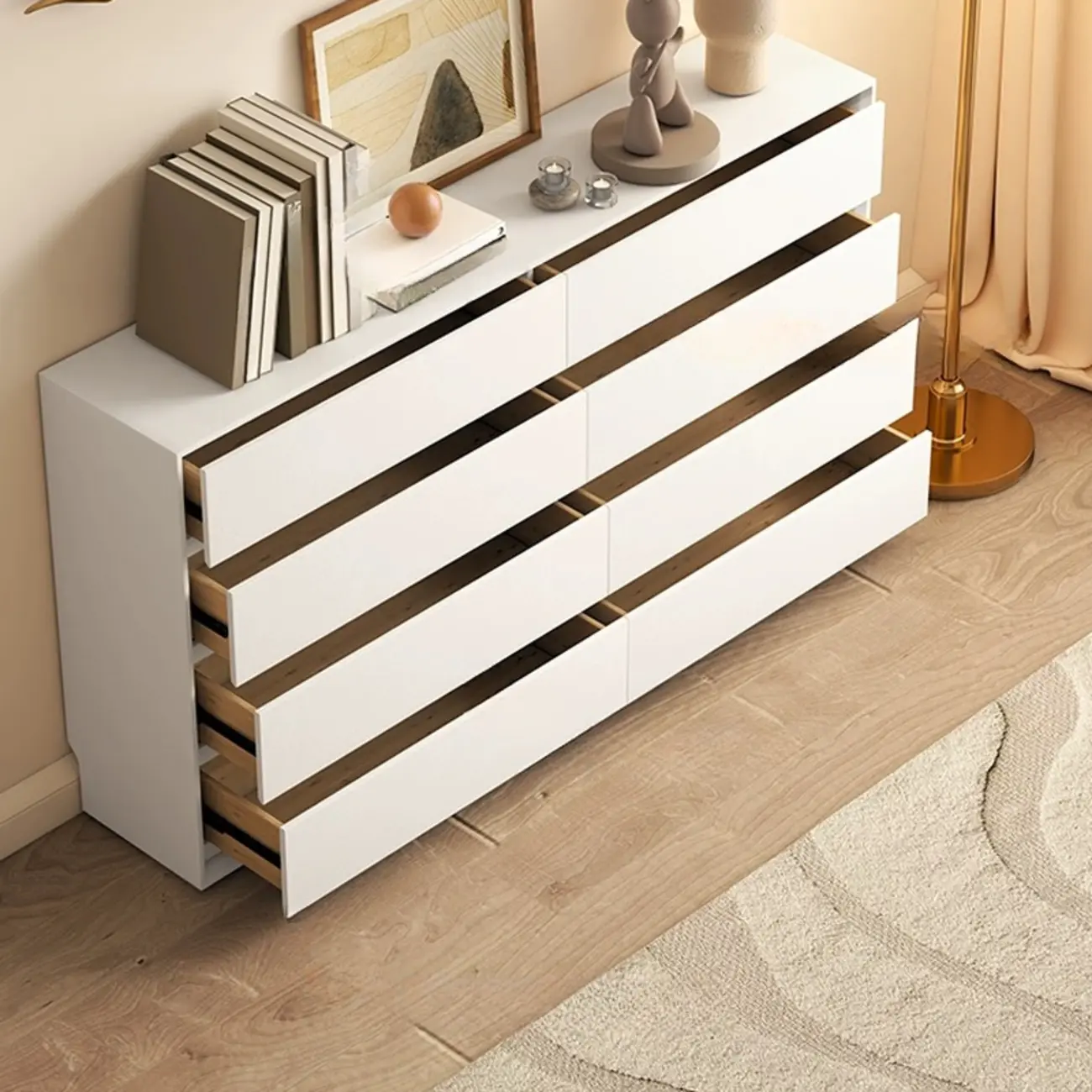 Modern White Wooden Double Dresser with Soft-Close Drawers