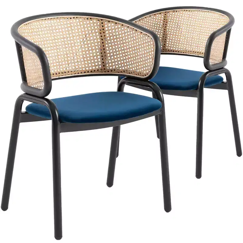Velvet Upholstered Dining Chair with Woven Rattan Back, Set of 2