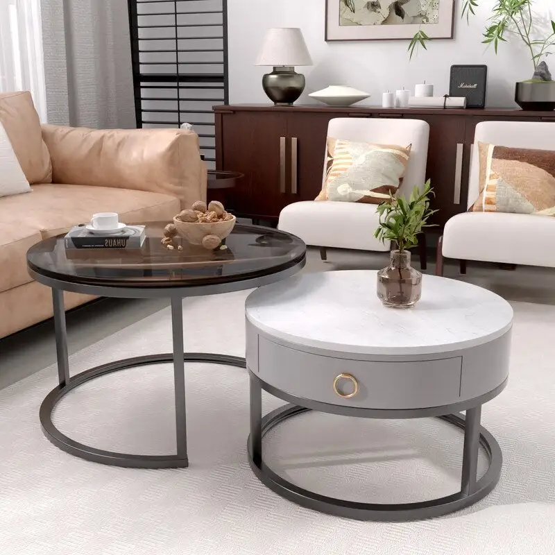 Modern Glass Waterproof Round Nesting Coffee Table with Drawer