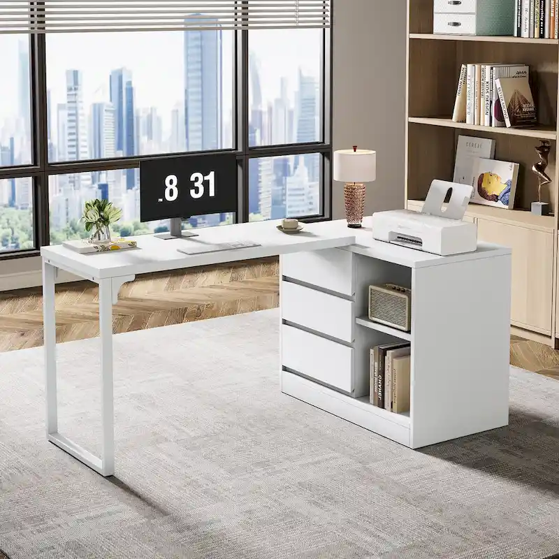 Versatile L-shaped White Computer Desk with Drawers and Shelves
