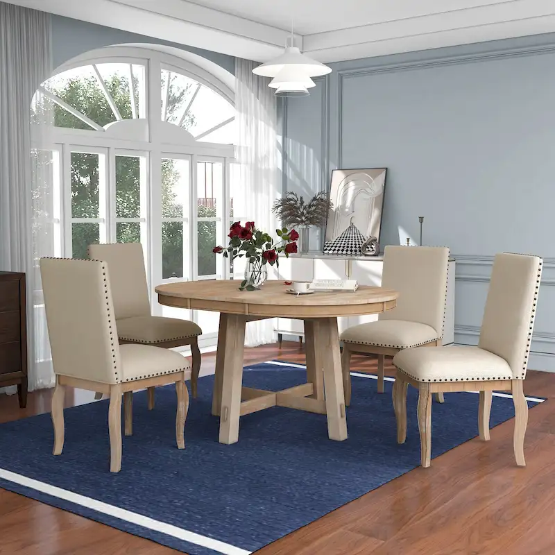 5-Piece Farmhouse Dining Table Set Wood Round Extendable Dining Table and Chair Sets with Nailheads Chairs for Dining Room