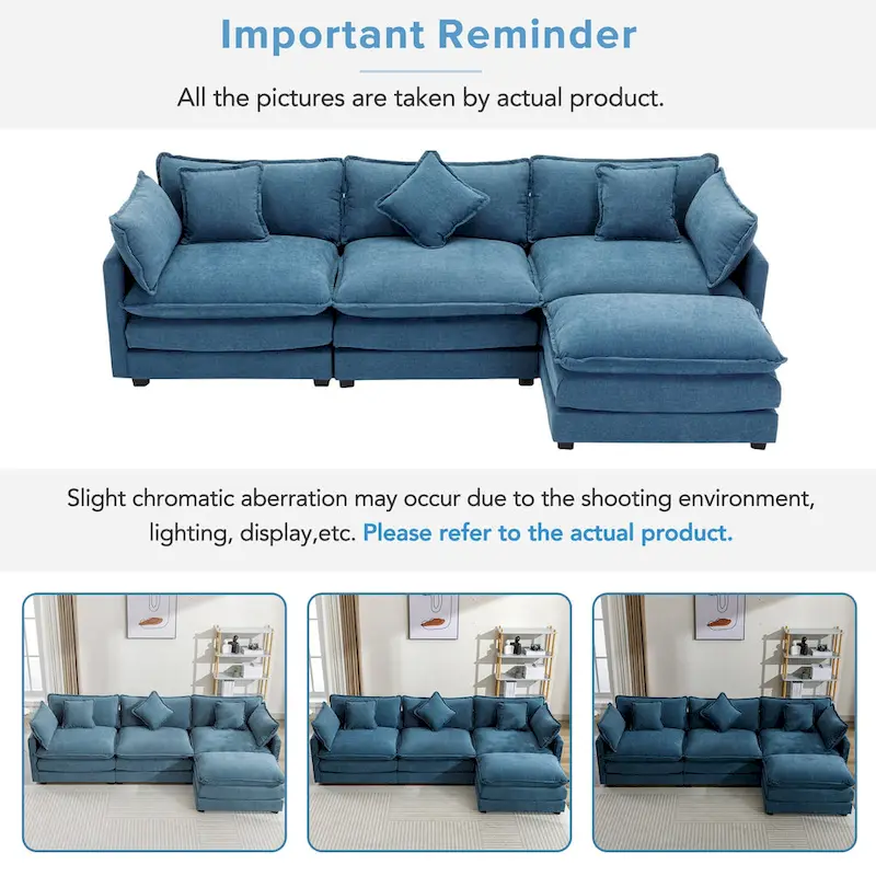 Blue 112.2 Modern L-Shaped 4-Seat Sectional Sofa with Removable Ottoman, 5 Plush Pillows, and Sturdy Construction