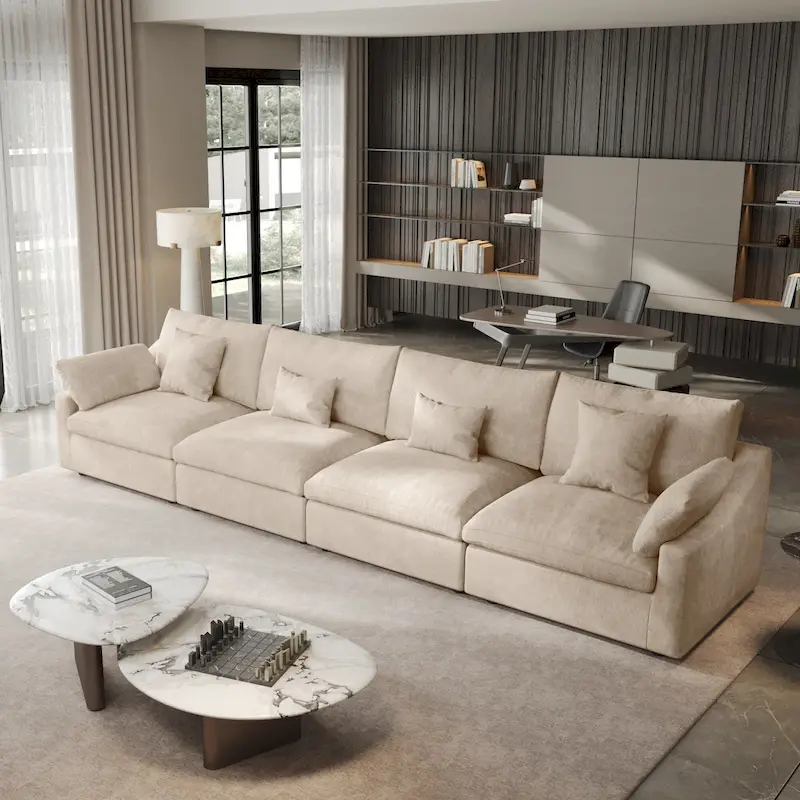 Classic Modern Linen Sectional Modular Sofa 4-Seater Down Filled Cloud Couch with Cushions