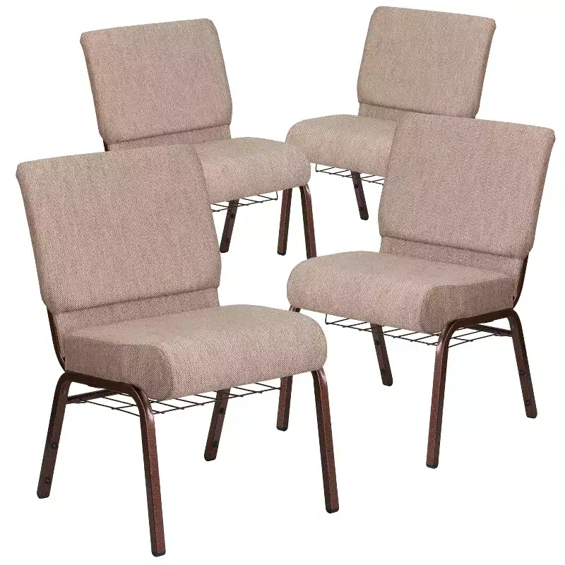Multi-Color Fabric Upholstered Church Chair with Book Rack, Set of 4