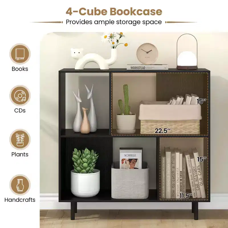 Black/Natural/White Mid-Century Modern 4-Cube Open Bookshelf, Single