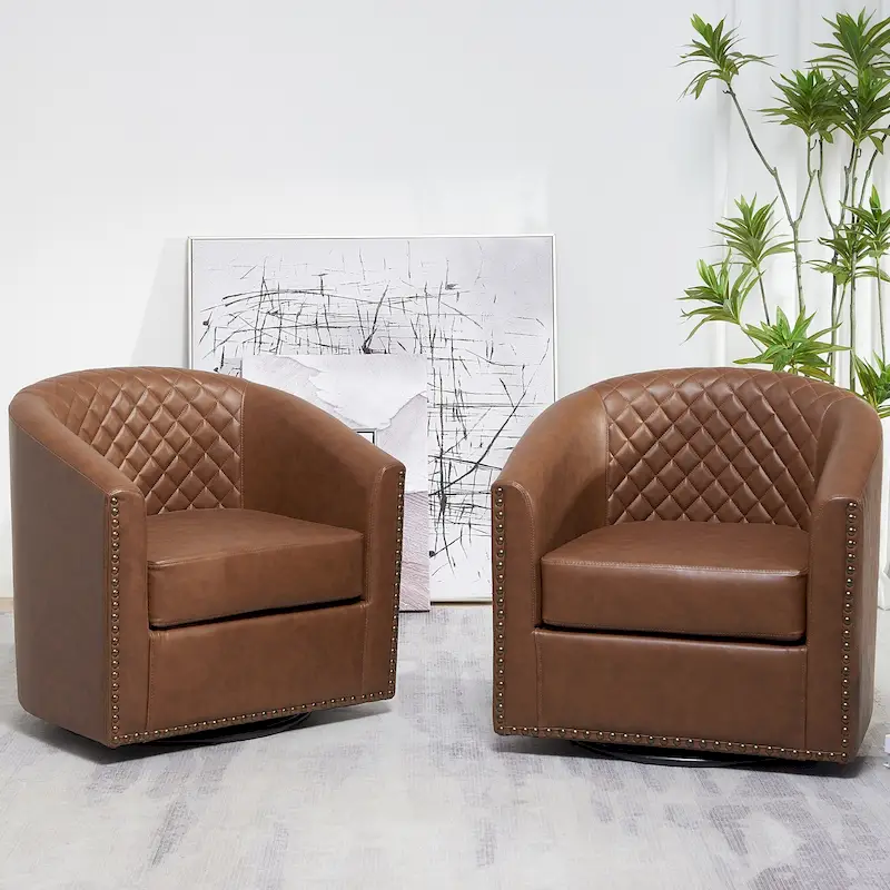 KINWELL 29 Wide Tufted PU Leather Swivel Barrel Chair (Set of 2)