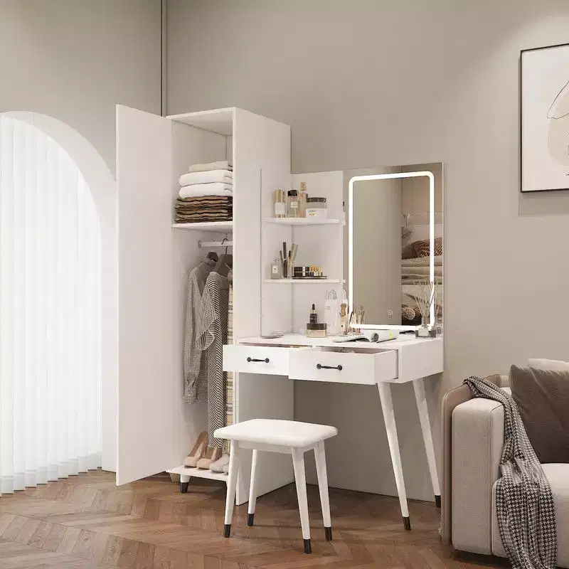 Karl Home White Makeup Vanity Table and Slim Armoire Wardrobe Set
