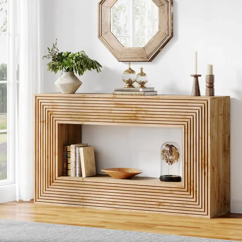 59-Inch Console Table with Fluted Design and Storage Shelf