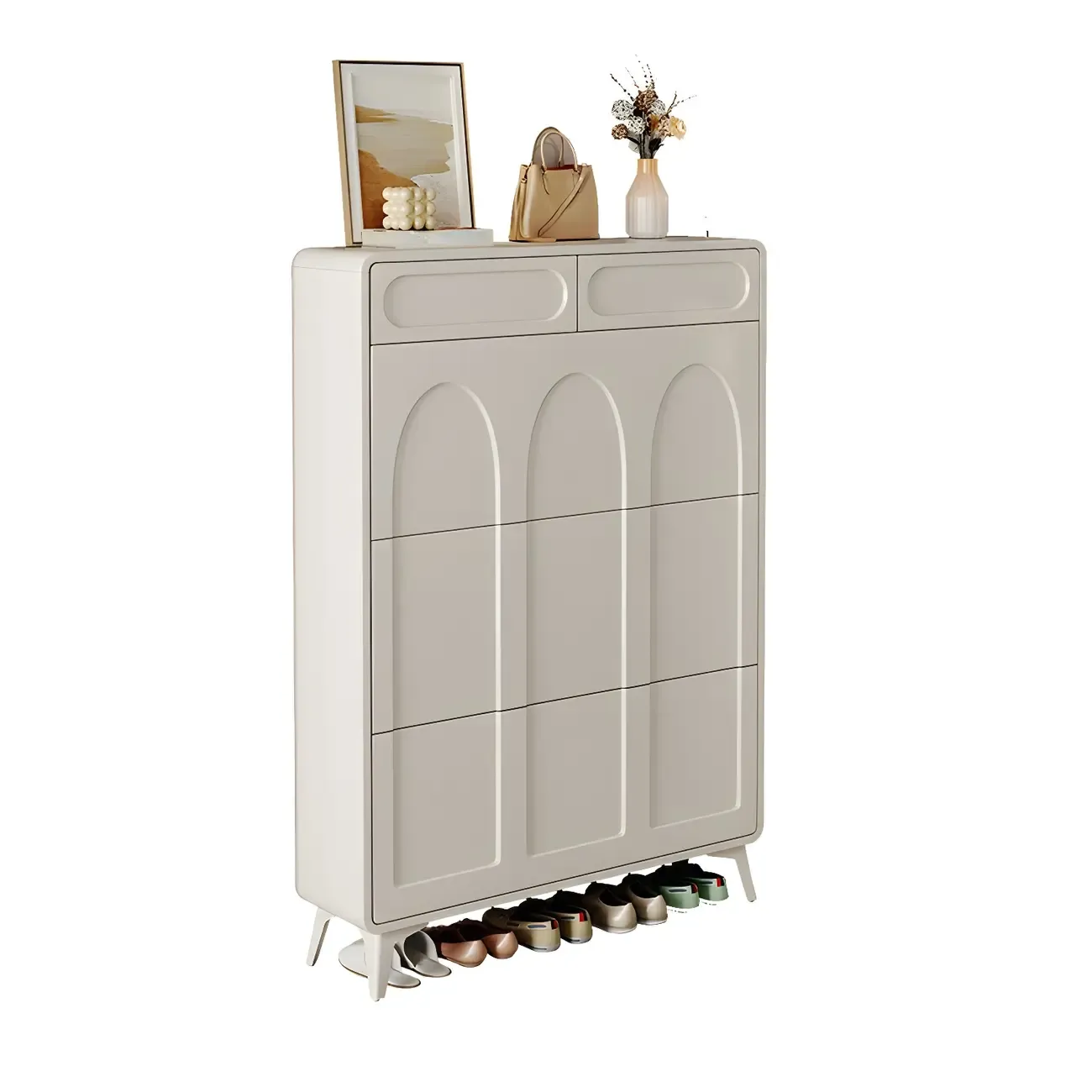 Vertical Slim White Wooden Drop Front Shoe Cabinet
