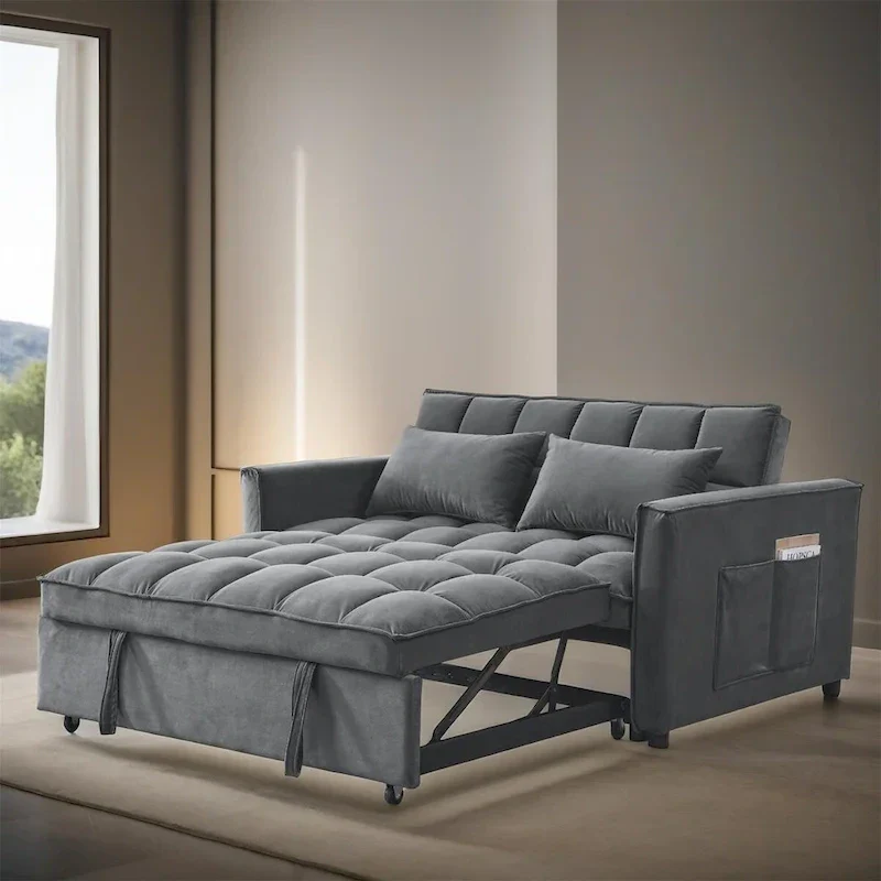 3-in-1 Convertible Velvet Sleeper Sofa – Grey / Black, Pull-Out Bed, 2-Seat