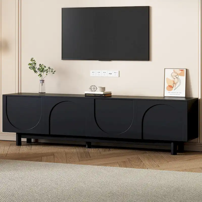 TV Stand for TVs Up to 78 , Entertainment Center with Solid Wood Legs, Practical Media Console with Adjustable Shelves