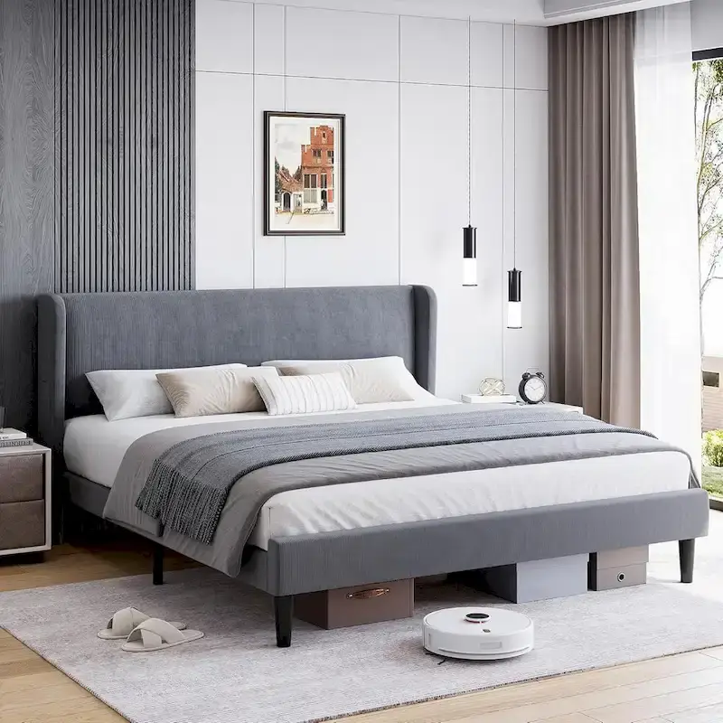 Upholstered Wingback Bed Frame with Velvet Headboard