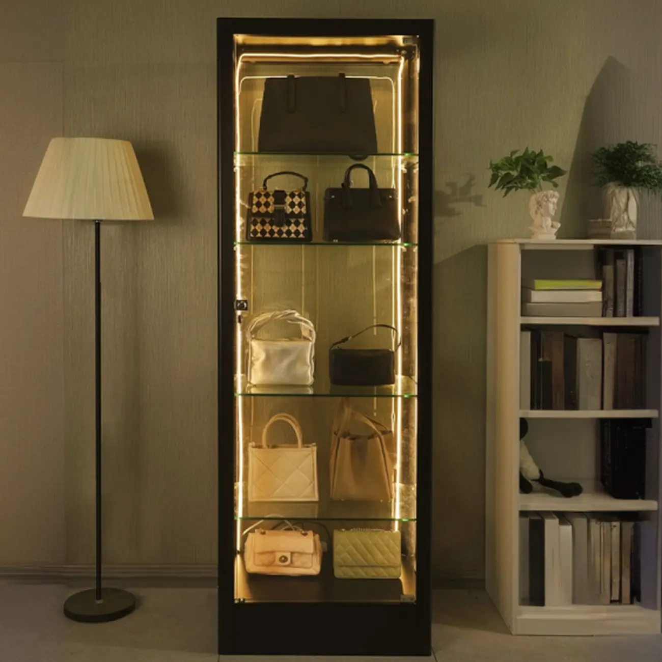 Enclosed Black 5-Shelf Metal Curio Cabinet with Light