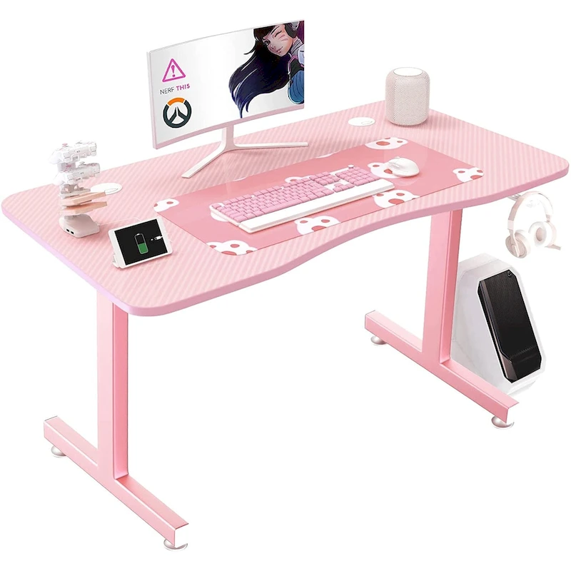 BOSSIN Ergonomic Gaming Desk T-Shaped Office PC Computer Desk with Full Desk Mouse Pad, Handle Rack, Cup Holder Headphone Hook