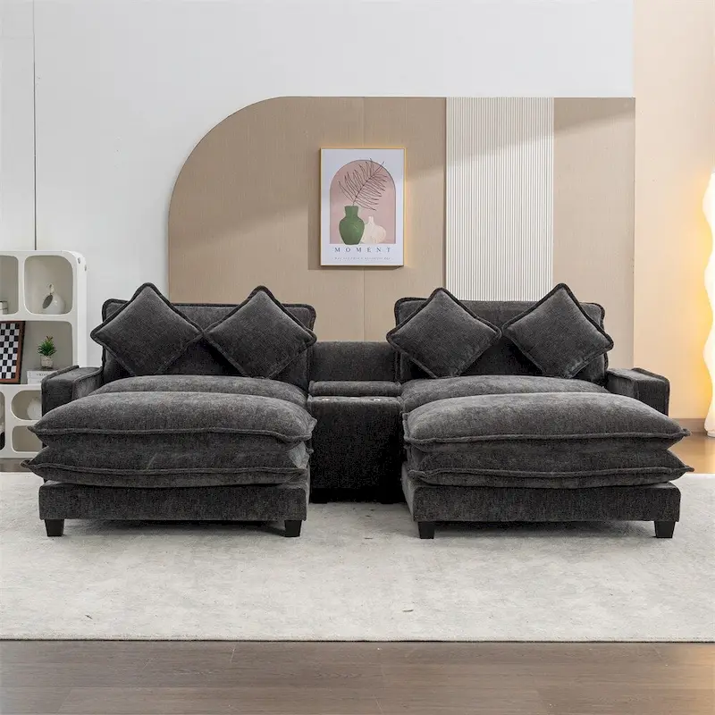 112.6  Chenille Upholstered Sectional Sofa with Two Removable Ottoman