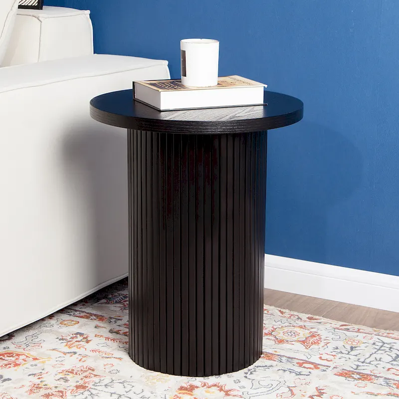 Round Wood End Table Fluted Pedestal Side Table