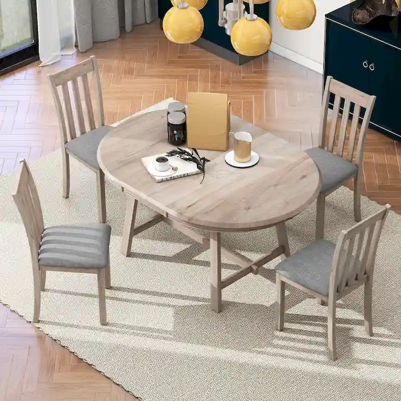 5 PCS Wood Dining Table Set for 4 Round Extendable Table with 4 Chairs