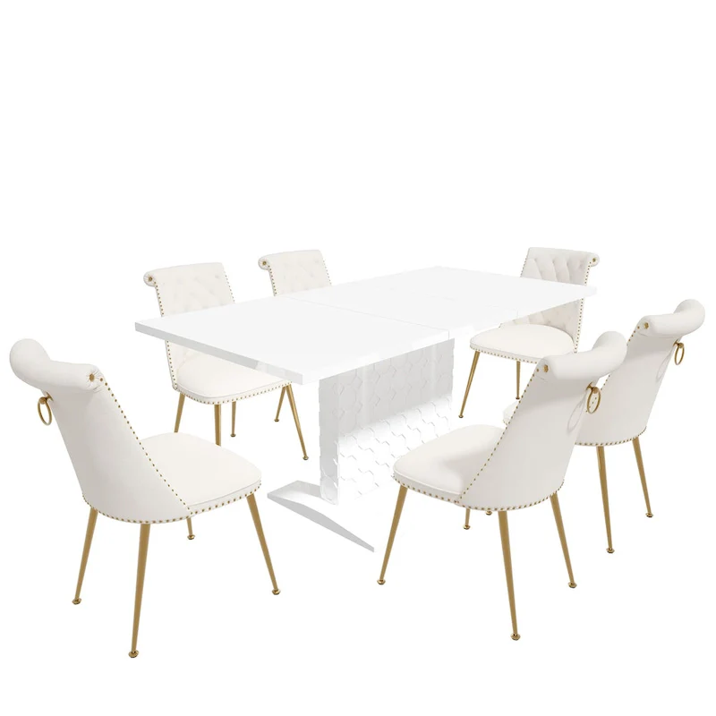 7-Piece Clihome High-gloss Extendable Table Velvet Chair Dining Set