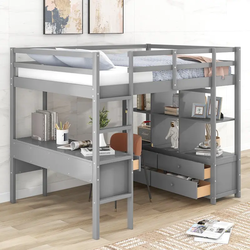 Nestfair Wooden Loft Bed with Built-in Desk and Two Drawers