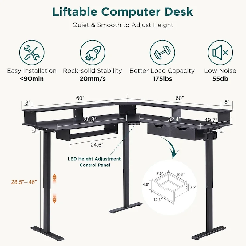 60 L Shaped Electric Comnputer Desk, Height Adjustable Gaming Desk