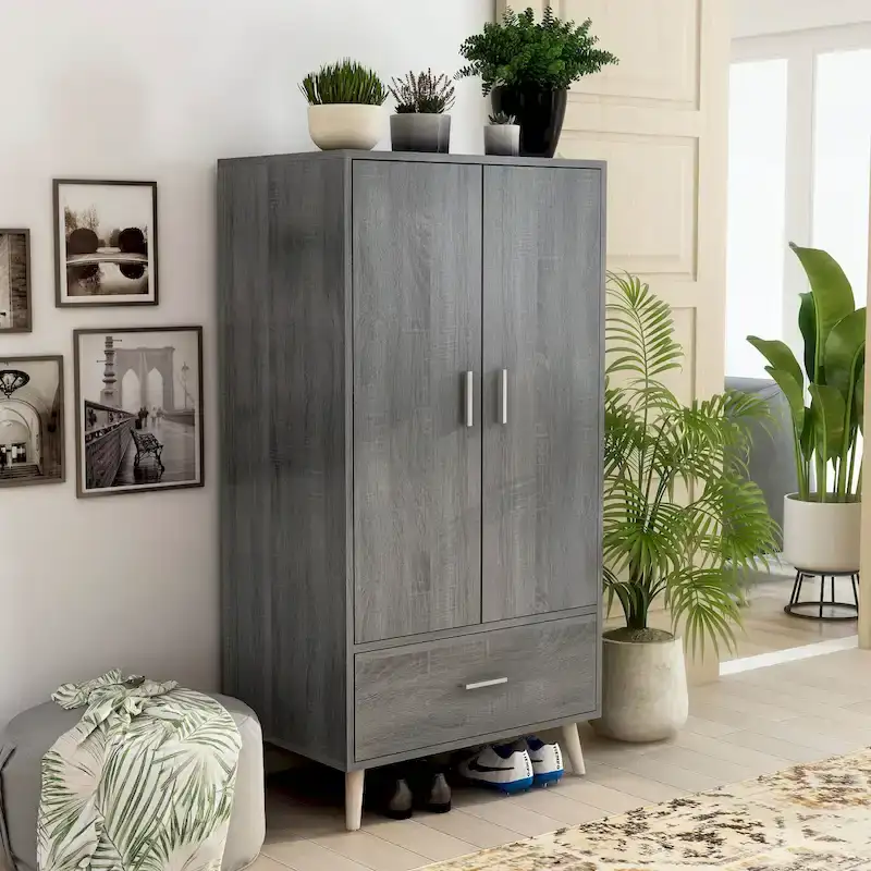 Mid-Century Modern Distressed Grey 1-Drawer Wardrobe Armoire