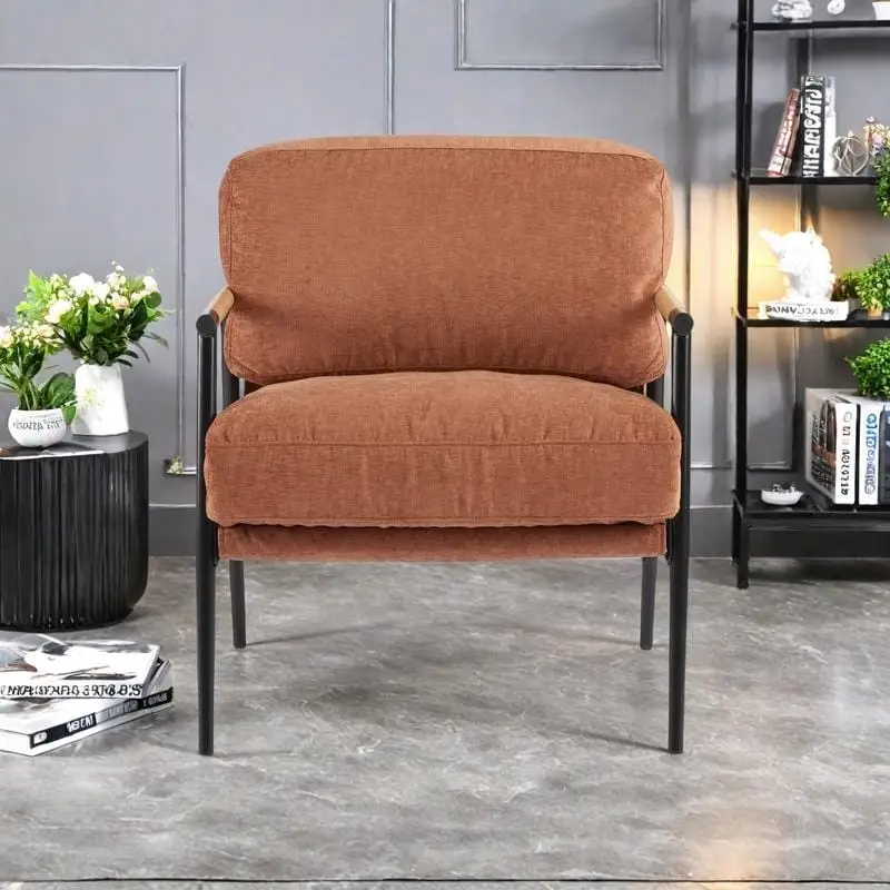 Polyester Accent Chair with Metal Frame & Wooden Armrests