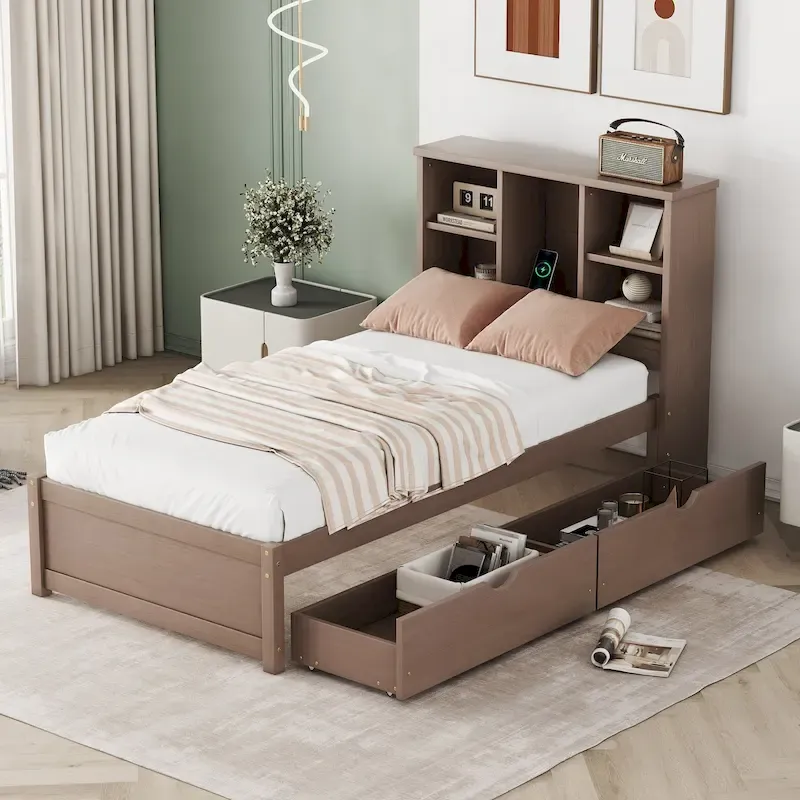 Modern Twin Size Bed with Built-in USB Port on Bookcase Headboard and 2 Drawers